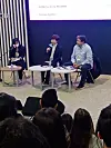 Korean author Jeong You-jeong, center, and Colombian writer Santiago Gamboa, right, speak at a book talk at the Bogota International Book Fair on April 28. [JESSICA RODRIGUEZ]