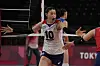 Kim Yeon-koung celebrates winning a point during the women's volleyball preliminary round pool A match between Serbia and Korea at the 2020 Summer Olympics on Monday at the Ariake Arena in Tokyo. [AP/YONHAP]