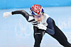 Choi Min-jeong races in the women's 1,000-meter final at the Capital Indoor Stadium at the 2020 Beijing Games on Friday. Choi went on to win the silver medal with a time of 1:28.443. [YONHAP]