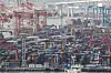 Containers pile up at the Gamman dock in Busan on Jan. 25. Korea reported record-high January exports despite the spread of Omicron and rising raw material prices, the Ministry of Trade, Industry and Energy said Tuesday. [YONHAP]