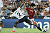 Mallorca's Lee Kang-in, right, vies for the ball with Valencia's Thierry Correia during a La Liga game at the Mestalla Stadium in Valencia, Spain on Saturday. [EPA/YONHAP]