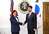 Korea's Trade Minister Ahn Duk-geun, right, shakes hands with U.S. Trade Representative Katherine Tai ahead of their talks in Washington on Sept. 8. [YONHAP]