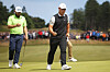 Tom Kim celebrates a putt on the 18th green during Day Three of the Genesis Scottish Open at The Renaissance Club in North Berwick, Scotland on Saturday.  [GETTY IMAGES]