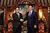 Korean parliamentary Speaker Woo Won-shik, left, shakes hands with Mongolian President Khurelsukh Ukhnaa in Ulaanbaatar on April 28. [NEWS1]