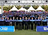 President Yoon Suk Yeol, center, poses for a picture with government officials and local business leaders at the 34th conference of small and medium-sized enterprises held on the front lawn of the presidential office in Yongsan, central Seoul, on Tuesday. From left on front row, Hyundai Motor Group Executive Chair Euisun Chung; Finance Minister Choo Kyung-ho; Samsung Electronics Executive Chairman Lee Jae-yong; Korea Federation of SMEs Chairman Kim Ki-moon; President Yoon Suk Yeol; SK Group Chairman Chey Tae-won, second from right; and Minister of SMEs and Startups Lee Young, far right. [JOINT PRESS CORPS]
