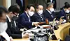 President Yoon Suk-yeol, center, bangs a gavel as he convenes his first Cabinet meeting at the Sejong government complex in Sejong City Thursday. [NEWS1]