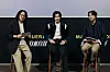 HYBE IM President Chung Woo-young, left, singer Midnatt, center, and BigHit Music President Shin Young-jae are pictured at Midnatt's showcase for his first single ″Masquerade″ Monday at the CGV Yongsan branch in central Seoul. [HYBE]