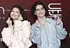 Zendaya, left, and Timothee Chalamet make finger hearts at a press event to promote their film 'Dune: Part Two' at Conrad Seoul in Yeongdeungpo District, western Seoul, on Feb. 21. [NEWS1]