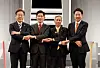 From left: Lee Jae-myung of the Democratic Party, Kim Moon-soo of the People Power Party, Kwon Young-gook of the Democratic Labor Party and Lee Jun-seok of the Reform Party pose for a photo ahead of the second televised presidential debate on May 23 at the KBS studio in Yeongdeungpo District, western Seoul. [JOINT PRESS CORPS]