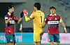Daejeon Hana Citizen players celebrate after drawing with the Jeonnam Dragons in the first round of promotion playoffs on Wednesday. [YONHAP]