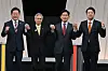 The four candidates pose for a photo ahead of the debate on May 27. [YONHAP]