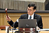 Bank of Korea Gov. Rhee Chang-yong at the Monetary Policy Board meeting held at the bank’s office in central Seoul on Thursday. [JOINT PRESS]