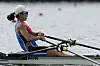 Jeong Hye-jeong competes in the women's rowing single sculls final at the 2020 Summer Olympics, Friday, July 30, 2021, in Tokyo, Japan. [AP/YONHAP]