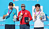 At the medal ceremony for the men’s individual recurve at the 2025 World Archery Championships at the May 18 Democracy Square of the Asia Culture Center in Dong District, Gwangju, on Sept. 11, athletes display their medals. From left are Marcus D’Almeida of Brazil, Andres Temiño of Spain and Kim Je-deok of Korea. With this bronze medal, Kim stood on the podium of an individual event at a major tournament for the first time in his career. [YONHAP]