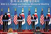 From left, U.S. Defense Secretary Lloyd Austin, Secretary of State Antony Blinken, Korean Foreign Minister Chung Eui-yong and Defense Minister Suh Wook take part in a joint press briefing at the government complex in central Seoul Thursday after the fifth two-plus-two meeting. [JOINT PRESS CORPS]