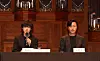 Lim, left, and his teacher Prof. Sohn Min-soo attend the press conference held at the Lee Kang Sook hall of the Korea National University of Art’s Seocho Campus in southern Seoul on June 30. [KANG TAE-UK]