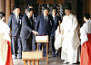 Japanese lawmakers, including Ichiro Aisawa of the Liberal Democratic Party, second from left, pay tribute to the Yasukuni Shrine in Tokyo on Friday on the occasion of a two-day spring festival. [YONHAP]