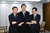 From left, Incheon Mayor Yoo Jeong-bok, Seoul Mayor Oh Se-hoon and Gyeonggi Governor Kim Dong-yeon pose before a meeting to discuss the proposed merger of Gimpo, Gyeonggi, into Seoul at Korea Press Center in Jung District, Seoul on Thursday. The annexation of Gimpo was proposed by the People Power Party (PPP), to which both the Incheon and Seoul mayors are members, while the Gyeonggi governor is a member of the Democratic Party. However, the Incheon mayor has criticized his party’s decision to bring Gimpo into Seoul. The PPP on Thursday submitted a bill to the National Assembly detailing the merging of Gimpo into Seoul. [JOINT PRESS CORPS]