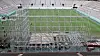 Workers prepare the Seoul World Cup Stadium in western Seoul for the upcoming ″K-pop Super Live″ concert set for Friday to close the 25th World Scout Jamboree. Eighteen K-pop acts will perform for two hours starting at 7 p.m. on Friday. [YONHAP]
