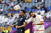 Australia's Jamie Maclaren and Tunisia's Yassine Meriah go for a header during the World Cup group D football match between Tunisia and Australia at the Al Janoub Stadium in Al Wakrah, Qatar on Saturday. Australia won their first match of the tournament, after Mitchell Duke headed in the sole goal. [AP/YONHAP]