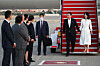 President Yoon Suk-yeol and first lady Kim Keon-hee are greeted by Spanish officials after getting off Air Force One at Madrid-Barajas Airport in Madrid Monday evening. [JOINT PRESS CORPS]