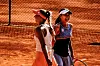 Park So-hyun, right, and Adrienn Nagy of Hungary beat Riya Bhatia of India and Gabriela Ce of Brazil to win the doubles tournament at the International Tennis Federation's Oeiras Ladies 25K in Oeiras, Portugal. [YONHAP]