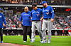 Ryu Hyun-jin of the Toronto Blue Jays is assisted off the field after being hit by a line drive off the bat of Oscar Gonzalez of the Cleveland Guardians in the fourth inning at Progressive Field in Cleveland on Monday. Ryu, making his second appearance of the season after returning from Tommy John surgery, was off to a great start, striking out two and giving up one walk in four hitless innings.  [AFP/YONHAP]