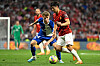 Lee Kang-in of Mallorca, right, fights for the ball with Atletico Madrid’s Pablo Barrios during a La Liga game in Madrid on Wednesday. Lee came on as a substitute in the game after leading Mallorca to a 3-1 win over the weekend and taking back-to-back man of the match honors.  [AFP/YONHAP]