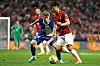 Lee Kang-in of Mallorca, right, fights for the ball with Atletico Madrid’s Pablo Barrios during a La Liga game in Madrid on Wednesday. Lee came on as a substitute in the game after leading Mallorca to a 3-1 win over the weekend and taking back-to-back man of the match honors. [AFP/YONHAP]