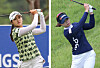 Park Hyun-kyung, left, and Lim Hee-jeong watch their shots during the second round of the IS Dongseo Busan Open at Stone Gate Country Club in Gijang, Busan on Sunday. [YONHAP, KLPGA]