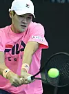 Kwon Soon-woo trains on the indoor tennis court at Olympic Park in southern Seoul on Thursday. Kwon and the rest of the Korean tennis squad will take on Belgium in qualifiers for the 2023 Davis Cup at the Olympic Park this weekend. [YONHAP]