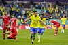 Brazil's Casemiro, center, celebrates after scoring his side's opening goal during the World Cup group G football match between Brazil and Switzerland, at the Stadium 974 in Doha, Qatar on Monday. [AP/YONHAP]
