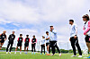 The Korean national women's football team and head coach Colin Bell, center, assemble during training at the Paju National Football Center in Paju, Gyeonggi, for a friendly against Jamaica on Monday. The friendly will be played on Saturday at Hwaseong Sports Town in Hwaseong, Gyeonggi. [YONHAP]