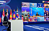 President Moon Jae-in takes part in the 22nd Korea-Asean summit over video conference from the Blue House in central Seoul Tuesday. [JOINT PRESS CORPS]