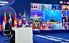 President Moon Jae-in takes part in the 22nd Korea-Asean summit over video conference from the Blue House in central Seoul Tuesday. [JOINT PRESS CORPS]