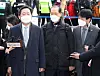 Prosecutor General Yoon Seok-youl's three lawyers stand before the reporters on Tuesday as they enter the Seoul Administrative Court to attend a hearing to seek an injunction to halt the administration's suspension of the top prosecutor. [YONHAP]