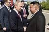 North Korean leader Kim Jong-un, right, and Russian President Vladimir Putin, second from left, shake hands during their meeting at the Vostochny Cosmodrome, a spaceport in the far eastern Amur region in Russia, on Sep. 13, 2023, their first reunion in over four years. [AP/YONHAP]