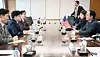 Minister of Trade, Industry and Energy Kim Jung-kwan, center from left, participates a meeting with U.S. Senator Andrew Kim, far right, at Lotte Hotel in Sogong-dong, Jung District, central Seoul, to discuss ways to strengthen trade cooperation between Korea and the United States. [MINISTRY OF TRADE, INDUSTRY AND ENERGY]