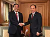 Deputy Prime Minister and Minister of Economy and Finance Choo Kyung-ho, right, and Luhut Binsar Pandjaitan, coordinating minister of maritime and investment affairs of Indonesia shake hands before hosting the first Korea-Indonesia High-Level Dialogue on Investment at the Plaza Hotel in central Seoul on Thursday. [YONHAP]