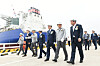 HD Hyundai Chairman Kwon Oh-gap, second from right, inspect the newly furnished pier at HD Hyundai Samho's shipyard in Yeongam, South Jeolla. [HD HYUNDAI SAMHO]