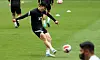 Son Heung-min tries a shot during training with the Korean national football team at Suwon World Cup Stadium in Suwon on Thursday. Korea will face Paraguay at the stadium on Friday. [YONHAP]