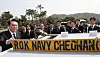 President Yoon Suk Yeol views a nameplate commemorating the sailors killed in the sinking of the Cheonan ship in 2010 at Daejeon National Cemetery in Daejeon on Friday to mark the eighth West Sea Defense Day. [JOINT PRESS CORPS]