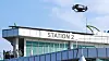 The SKYLA-V2 urban air mobility (UAM) vehicle flies around the Ara Marina conventional center in Gimpo, Gyeonggi, on Wednesday during a test flight event organized by the Ministry of Land, Infrastructure and Transport. [YONHAP]