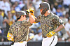 Gary Sanchez of the San Diego Padres celebrates a solo home run with Kim Ha-seong in the third inning against the Los Angeles Dodgers on Sunday at Petco Park in San Diego. Kim went 1-for-3 in the game, extending his hitting streak to 12 games.  [AFP/YONHAP]