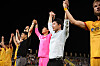 Gwangju FC manager Lee Jung-hyo, second from right, celebrates with his team. [K LEAGUE]