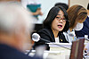 In this file photo, Rep. Yoon Mee-hyang of the Democratic Party (DP), center, questions Environment Minister Cho Myung-rae at the Environment and Labor Committee meeting on Aug. 20, 2020.  [YONHAP]