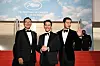 From left: 'Hunt' cast members Jung Man-sik, Lee Jung-jae and Jung Woo-sung appear on the red carpet event at the 75th Cannes Film Festival in Cannes, southern France, on May 19 . [AFP/YONHAP]