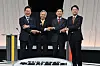From left, Lee Jae-myung of the Democratic Party, Kwon Young-kook of the Democratic Labor Party, Kim Moon-soo of the People Power Party and Lee Jun-seok of the minor Reform Party pose for a photo ahead of their third and final debate at the MBC studio in Mapo District, western Seoul, on May 27. [JOINT PRESS CORPS]