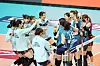 The GS Caltex Seoul KIXX celebrate after taking a 3-0 win in Game 2 of the V League Championship series against the Incheon Heungkuk Life Pink Spiders at Jangchung Arena in central Seoul on Sunday. The KIXX now lead the series 2-0. [YONHAP]