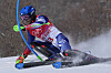 Jung Dong-hyun passes a gate during the second run of the men's slalom at the 2022 Winter Olympics on Wednesday. [AP/YONHAP]